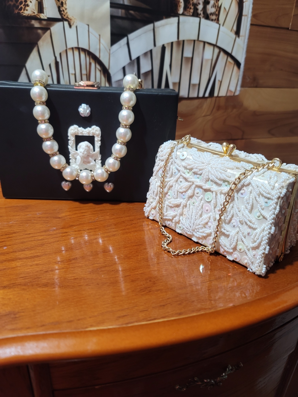 White Beaded Evening Clutch with Gold Chain Strap